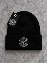 Шапка STONE ISLAND чорна з білим вишивка, Чорний, one size