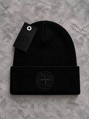 Шапка STONE ISLAND чорна з чорним вишивка, Чорний, one size