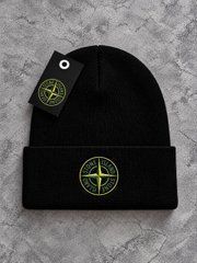 Шапка STONE ISLAND чорна з зеленим вишивка, Чорний, one size