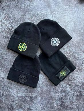 Шапка STONE ISLAND чорна з зеленим вишивка, Чорний, one size