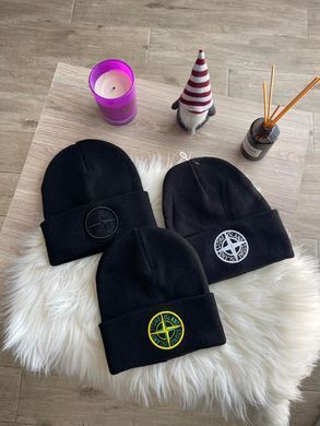 Шапка STONE ISLAND чорна з зеленим вишивка, Чорний, one size