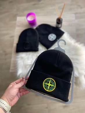 Шапка STONE ISLAND чорна з зеленим вишивка, Чорний, one size